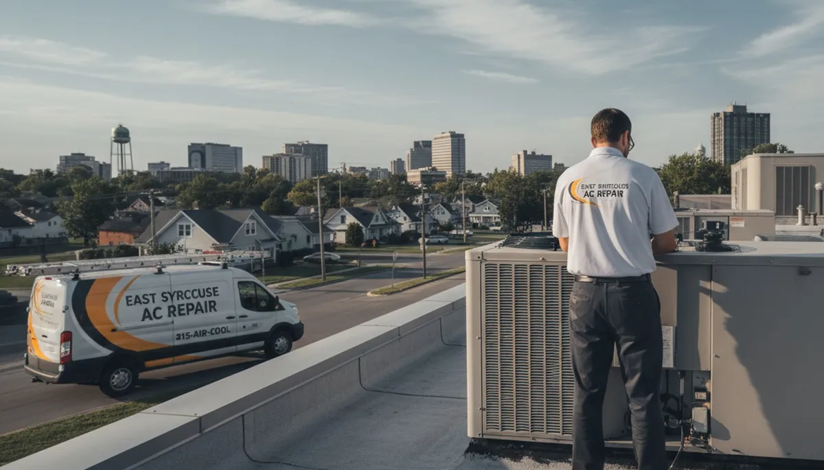 Professional AC repair technician servicing air conditioner in Syracuse NY home