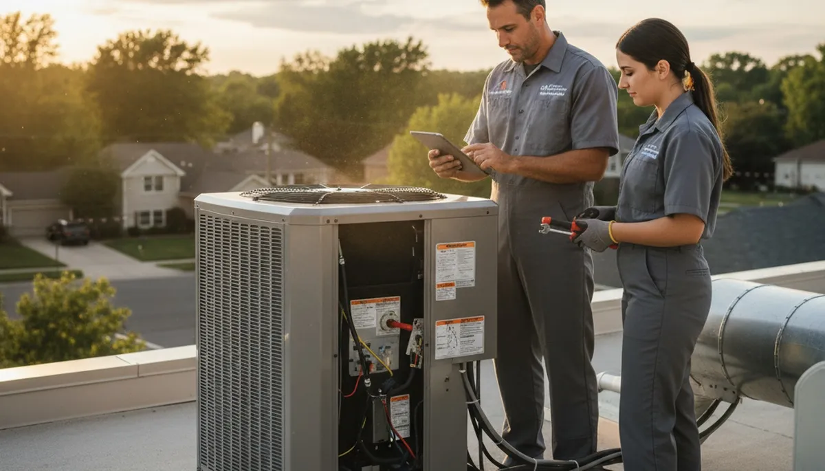 Professional AC repair technician servicing air conditioner unit in Syracuse, NY