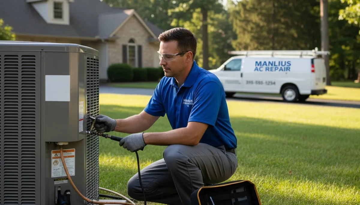 Professional AC repair technician servicing air conditioner unit in Syracuse, NY