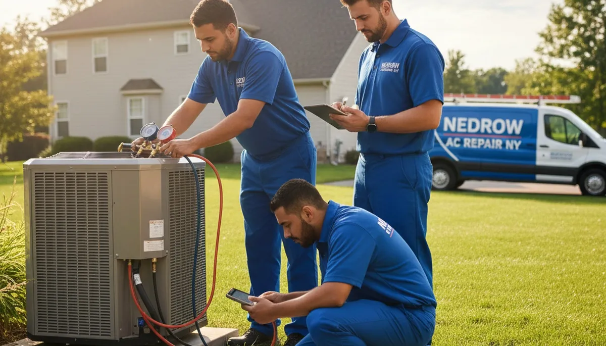 Professional AC repair technician servicing air conditioner unit in Syracuse NY home