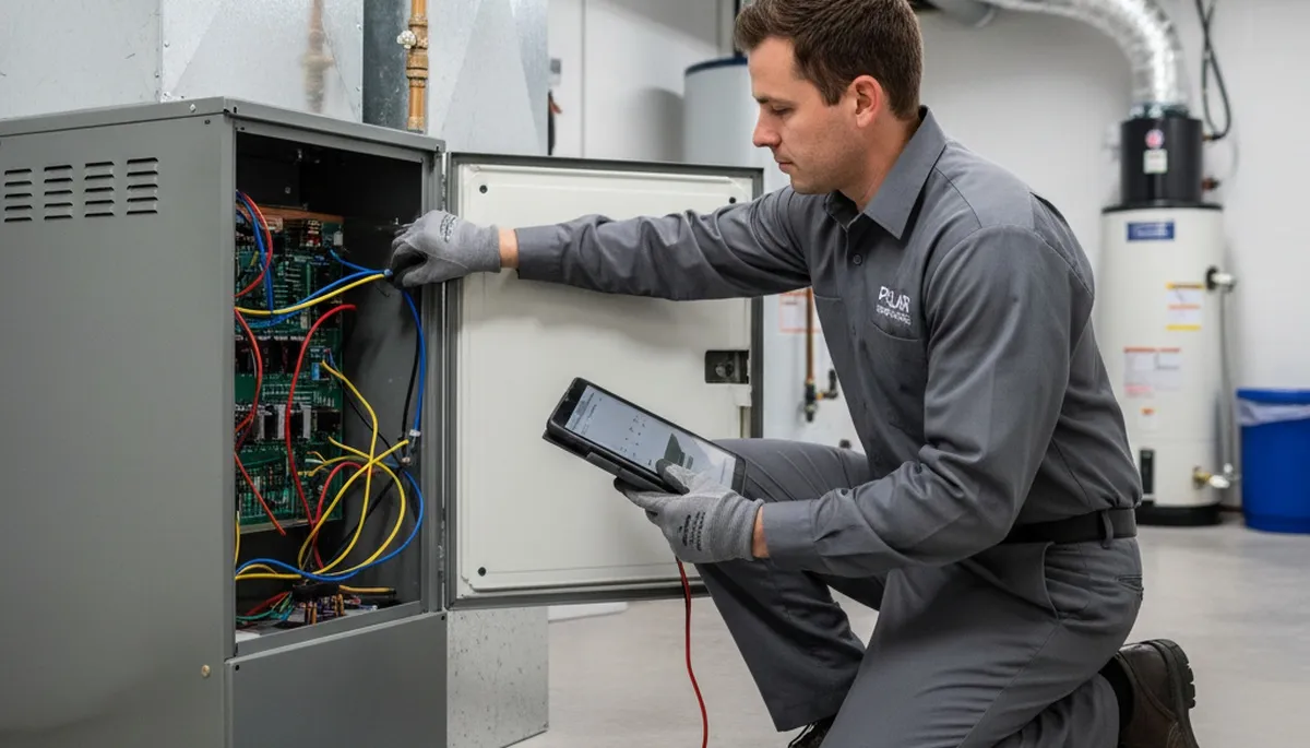 Technician performing furnace repair service in Syracuse NY home for Five Star Cooling