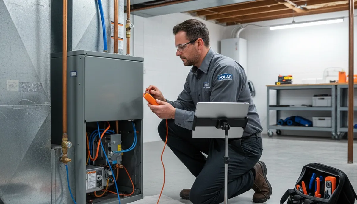 Technician fixing home furnace during heating repair service in Syracuse, NY