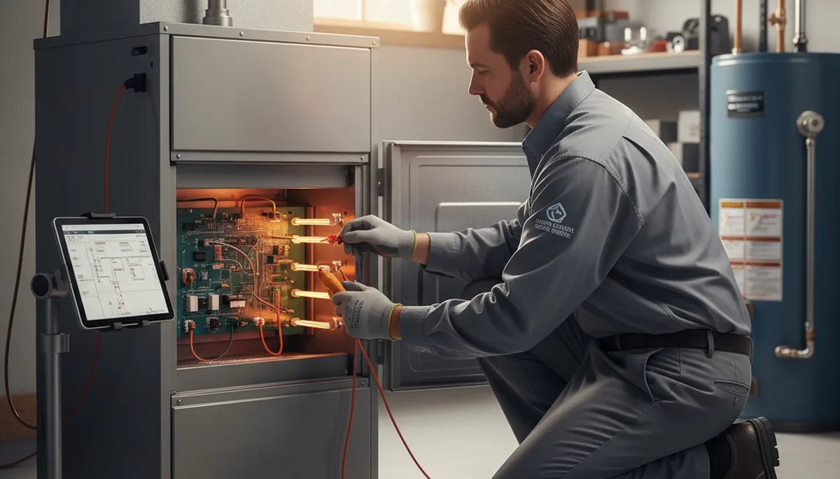 Technician performing heating repair on furnace in Syracuse, NY home