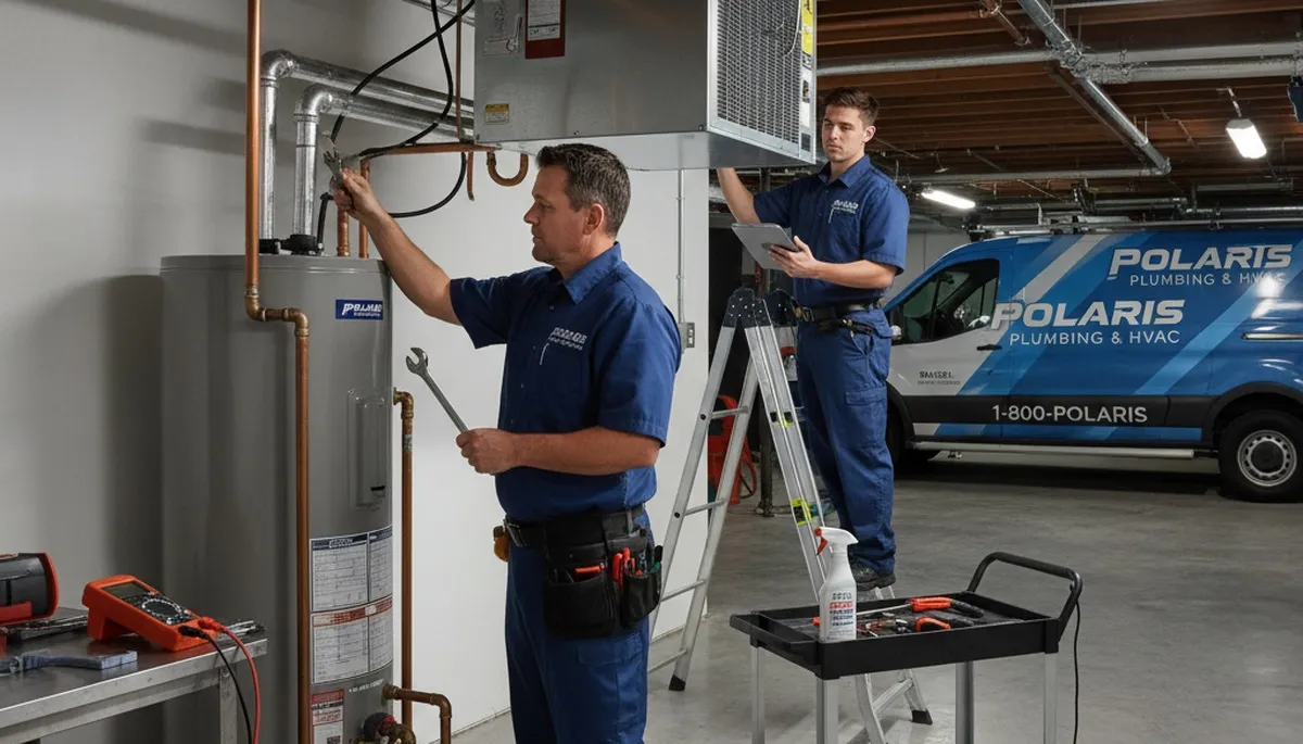 Technician repairing water heater unit in Syracuse NY home for Five Star Cooling