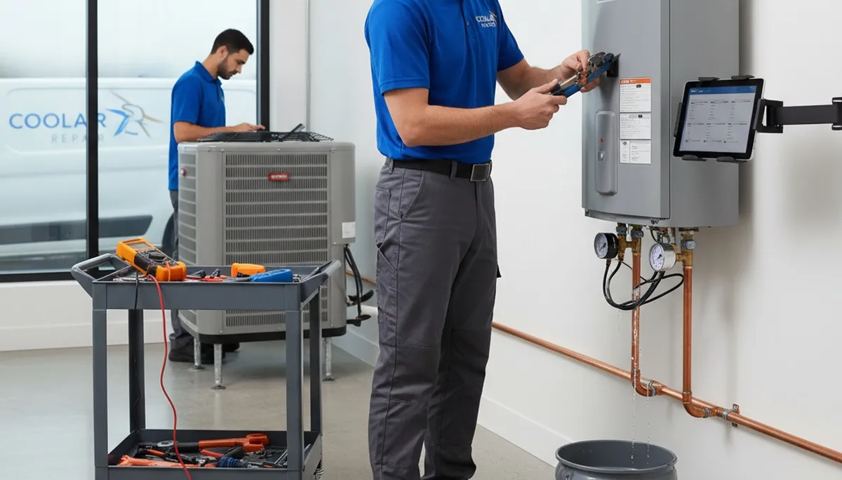 Technician repairing residential water heater in Syracuse NY for Five Star Cooling service